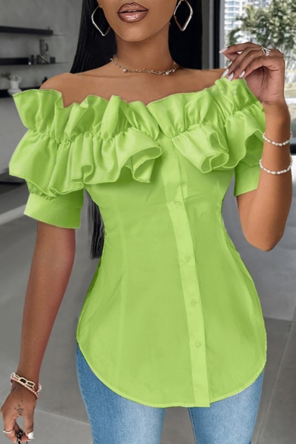 Green Casual Solid Color Patchwork Off Shoulder Tops