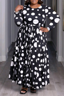 Black Celebrities Print Patchwork Ruched Strap Design O Neck A Line Plus Size Dresses