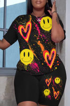 Black Casual Print Basic O Neck Short Sleeve Two Pieces