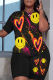 Black Casual Print Basic O Neck Short Sleeve Two Pieces