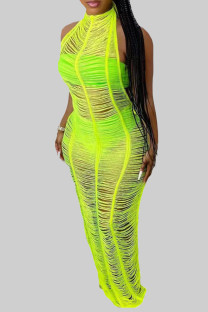 Fluorescent Green Sexy Solid Color Hollow Out Patchwork See-Through Swimwears Cover Up