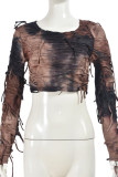 Apricot Casual Tie Dye Fringed Trim Patchwork O Neck Tops