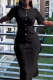 Black Casual Solid Color Buttons Patchwork O Neck Wrapped Skirt Dresses