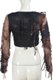 Black Casual Tie Dye Fringed Trim Patchwork O Neck Tops
