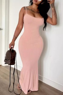 Pink Sexy Casual Solid Color Backless Spaghetti Strap Long Dresses