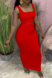 Red Celebrities Solid Color Patchwork Backless Square Neck Sleeveless Two Pieces