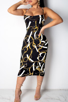 Black Sexy Print Patchwork Backless Spaghetti Strap Long Dresses