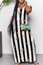 Black And White Casual Gradient Print Striped Print Love Print Contrast V Neck Printed Dresses