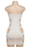 Cream White Sexy Hot Club Solid Color Hollow Out Backless Strapless Wrapped Skirt Dresses