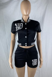 Caramel Colour Casual Letters Draw String Pocket Buckle Patchwork O Neck Short Sleeve Two Pieces