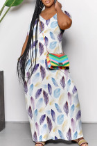 White Blue Casual Print Pocket Patchwork V Neck Long Dresses