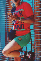 Red Casual Letters Patchwork O Neck Short Sleeve Two Pieces