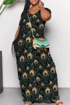 Malachite Green Casual Print Pocket Patchwork V Neck Long Dresses