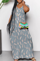Grey Casual Print Pocket Patchwork V Neck Long Dresses