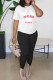 White Casual Letters Patchwork O Neck Short Sleeve Two Pieces