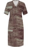 Brown Casual Print Basic V Neck Long Plus Size Dresses