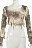 Brown Casual Tie Dye Fringed Trim Patchwork O Neck Tops