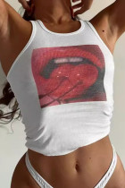 White Sexy Print Patchwork O Neck Tops