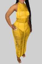 Yellow Sexy Solid Color Hollow Out Patchwork See-Through Swimwears Cover Up