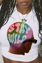 White Sexy Print Patchwork O Neck T-Shirts