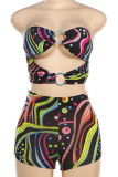 Colour Sexy Print Hollow Out Backless Strapless Sleeveless Two Pieces