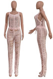 Pink Sexy Solid Color Hollow Out Patchwork See-Through O Neck Regular Jumpsuits