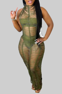 Army Green Sexy Solid Color Hollow Out Patchwork See-Through Swimwears Cover Up
