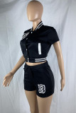 Black Casual Letters Draw String Pocket Buckle Patchwork O Neck Short Sleeve Two Pieces