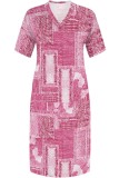 Pink Casual Print Basic V Neck Long Plus Size Dresses