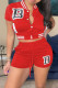 Red Casual Letters Draw String Pocket Buckle Patchwork O Neck Short Sleeve Two Pieces