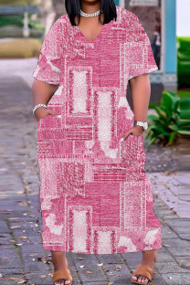 Pink Casual Print Basic V Neck Long Plus Size Dresses