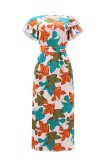 Multicolor Casual Print Slit O Neck Long Dresses