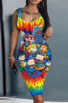 Tangerine Red Casual Cartoon Print Basic U Neck Vest Dresses