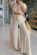 Apricot Casual Stripe Draw String Buckle Patchwork V Neck Short Sleeve Two Pieces