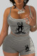 Grey Sexy Print Patchwork Backless Spaghetti Strap Sleeveless Two Pieces