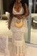 Apricot Sexy Vacation Solid Color Fringed Trim Hollow Out See-Through Backless Halter Sleeveless Two Pieces