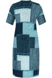 Turquoise Casual Print Basic V Neck Long Plus Size Dresses