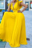 Yellow Casual Solid Color With Belt Regular Jumpsuits