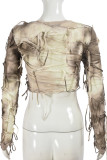 Brown Casual Tie Dye Fringed Trim Patchwork O Neck Tops