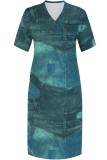 Dark Blue Casual Print Basic V Neck Long Plus Size Dresses