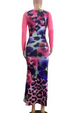 Pink Street Print Hollow Out Patchwork Ruched O Neck Irregular Dresses