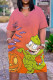 Pink Orange Casual Cartoon Print Basic V Neck Short Sleeve Plus Size Dresses