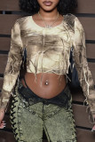 Apricot Casual Tie Dye Fringed Trim Patchwork O Neck Tops