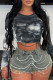 Black Casual Tie Dye Fringed Trim Patchwork O Neck Tops