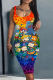 Orange Green Casual Cartoon Print Basic U Neck Vest Dresses