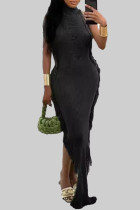 Black Celebrities Solid Color Fringed Trim Hollow Out Patchwork Half A Turtleneck Long Dresses