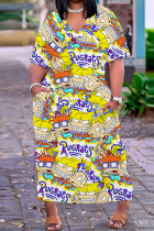 Yellow Casual Cartoon Print Basic V Neck Long Plus Size Dresses
