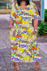 Yellow Casual Cartoon Print Basic V Neck Long Plus Size Dresses