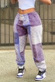 Purple Casual Print Pocket Regular Mid Waist Conventional Full Print Trousers
