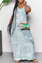 Baby Blue Casual Gradient Print Striped Print Love Print Contrast V Neck Printed Dresses